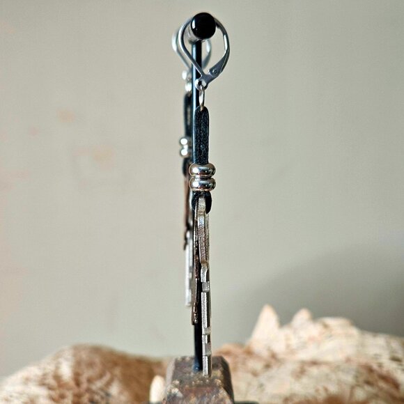 Vintage Key Earrings Black Leather Silver Stainless Steel Rustic Long Drop Charm - Picture 5 of 10